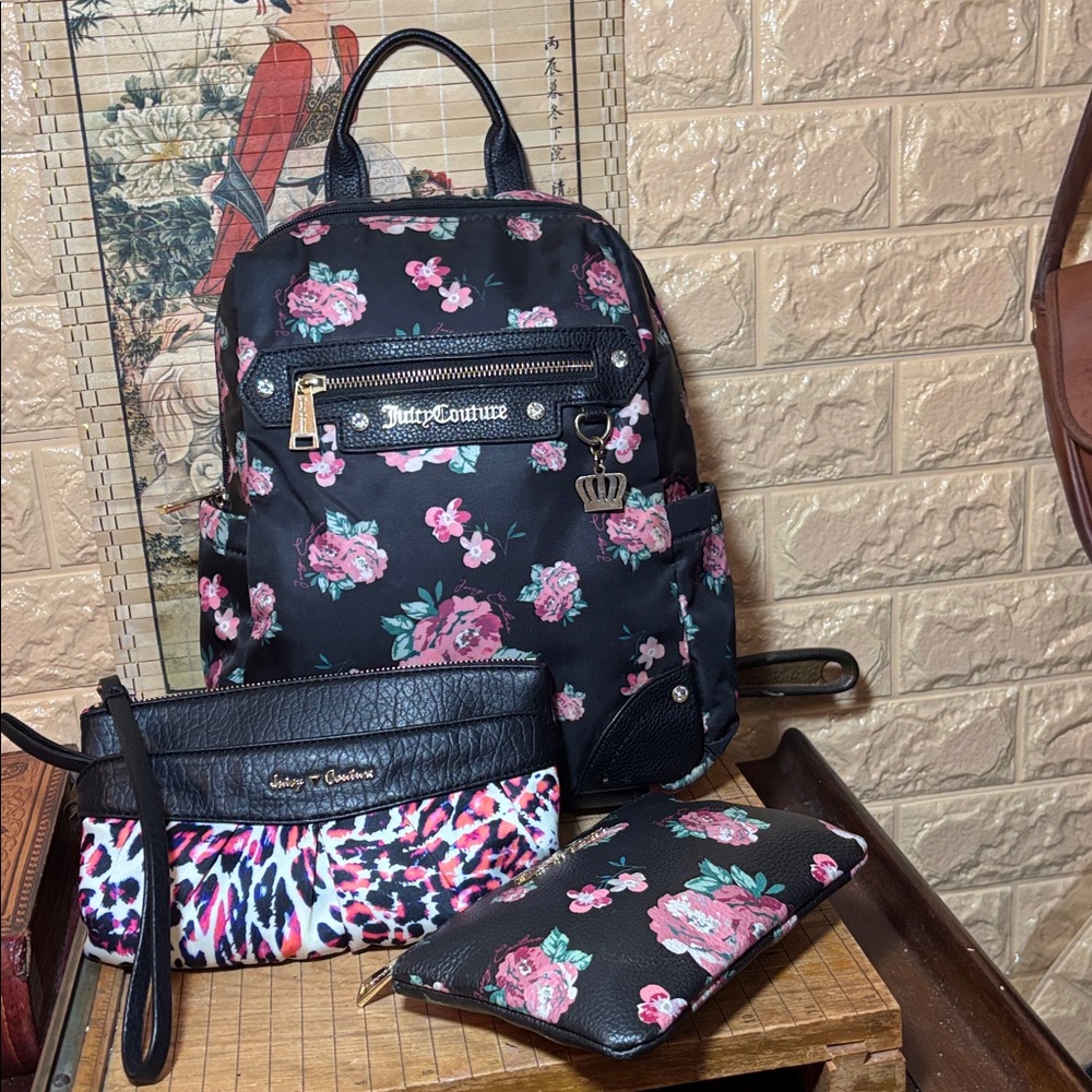 Juicy Couture Backpack w Zip Pouch Black, Pink Roses Floral w Cheetah Wristlet
